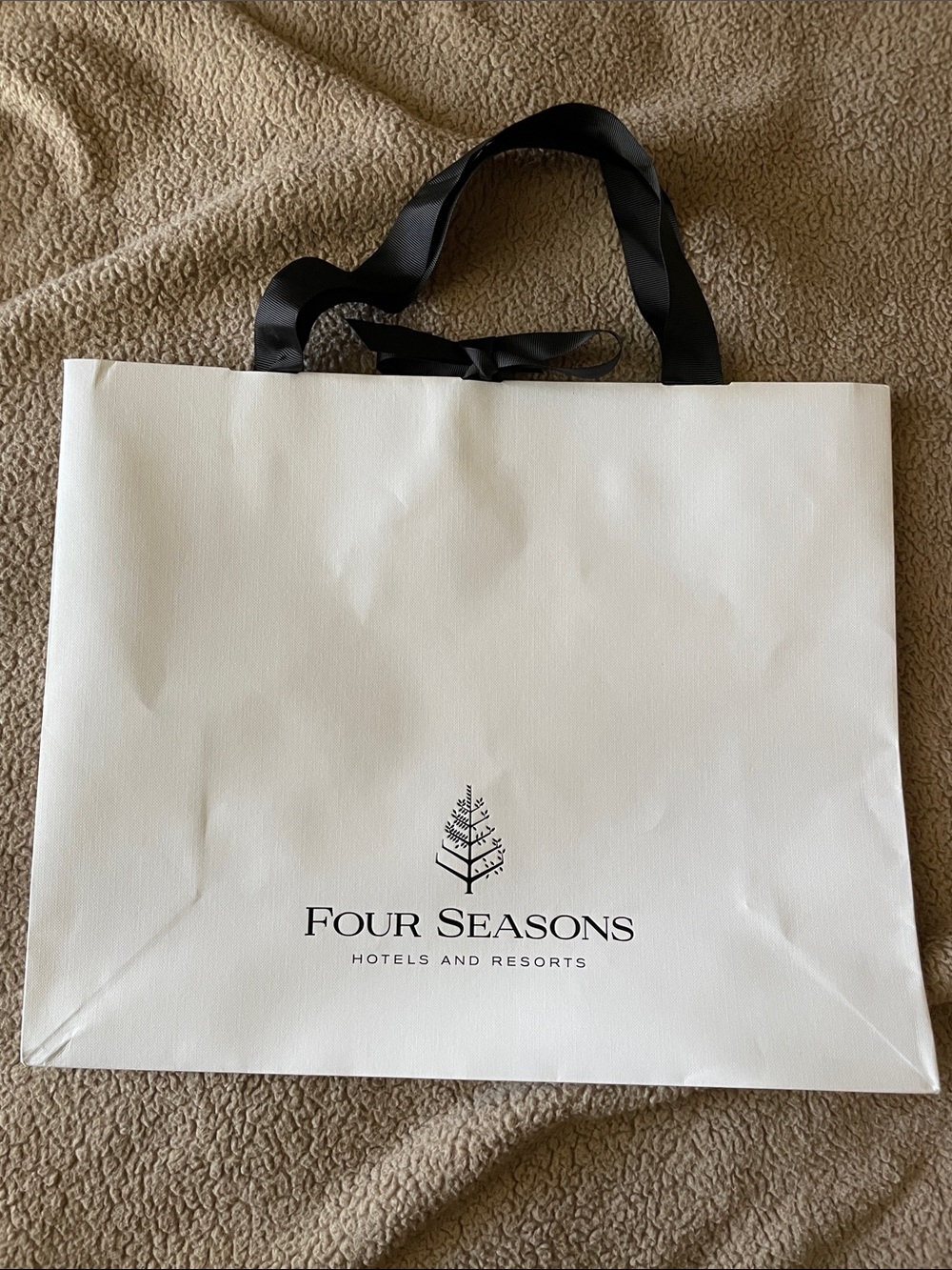 Four Seasons White Tote with Black Ribbon Handles